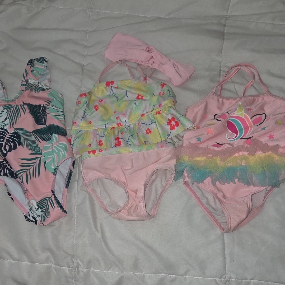 Pink and Multicolor Kids One Piece Swimsuit Set